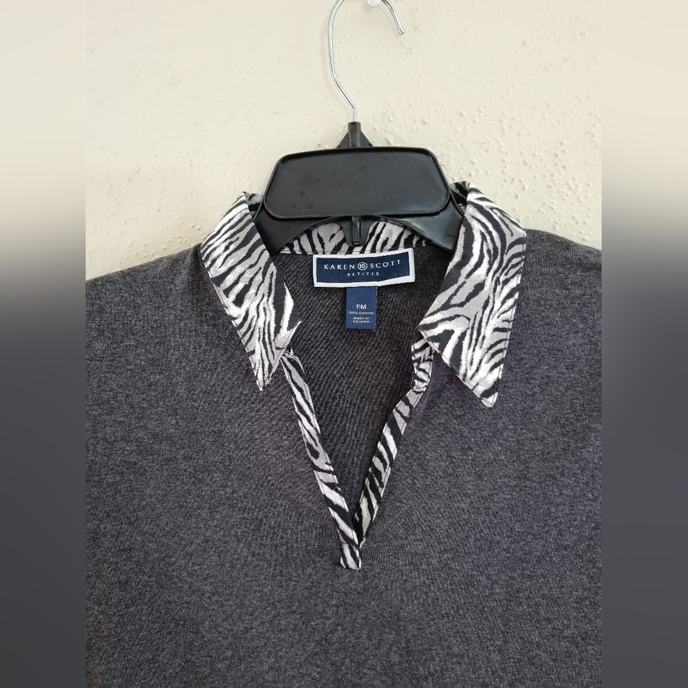 Karen Scott Gray V-Neck Sweater with Zebra Trim - Picture 3 of 8